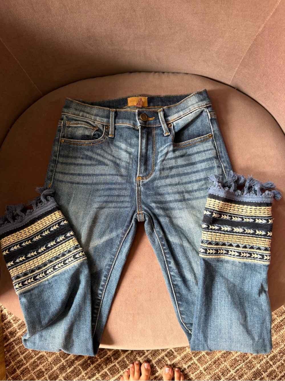 DRIFTWOOD Blue Denim Jeans with Embroidered Fringe Cuffs